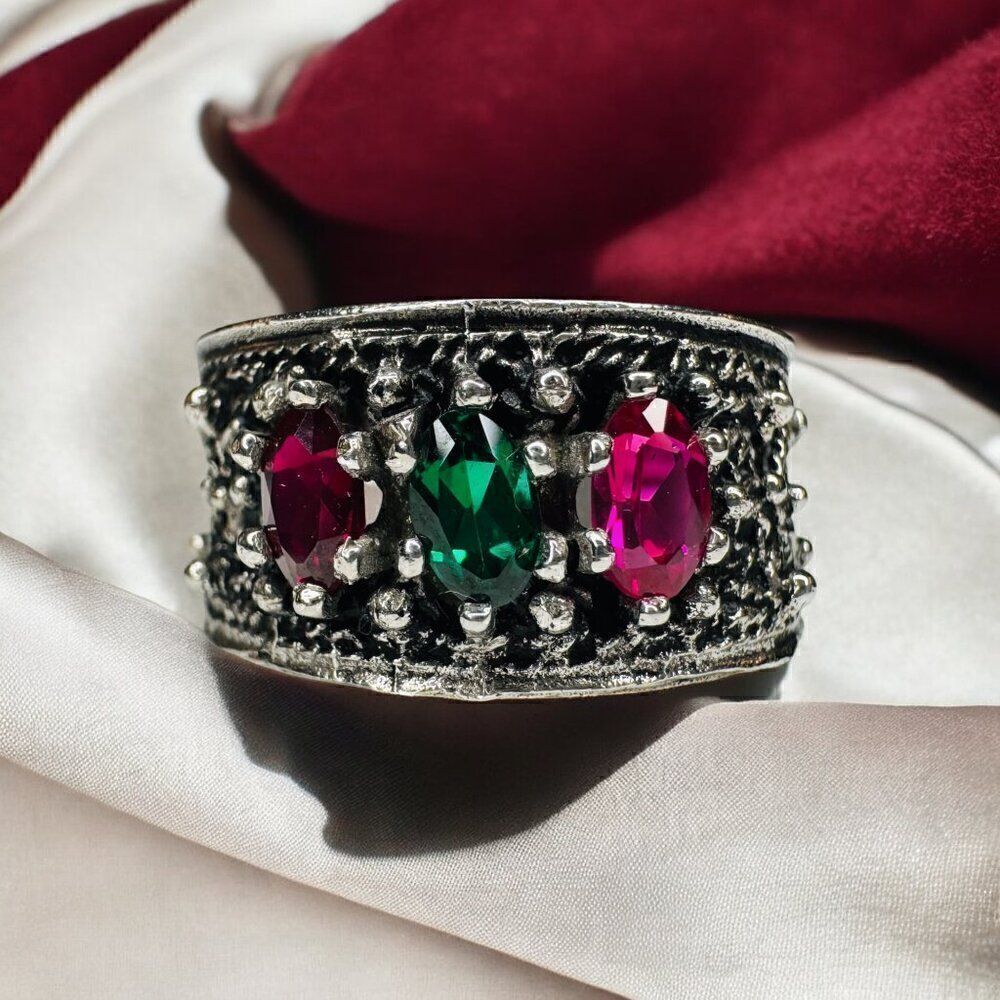 Vintage 10k White Gold Turkish Ring Sz 6.5 Ruby Emerald Sapphire 10mm Band 5.5g